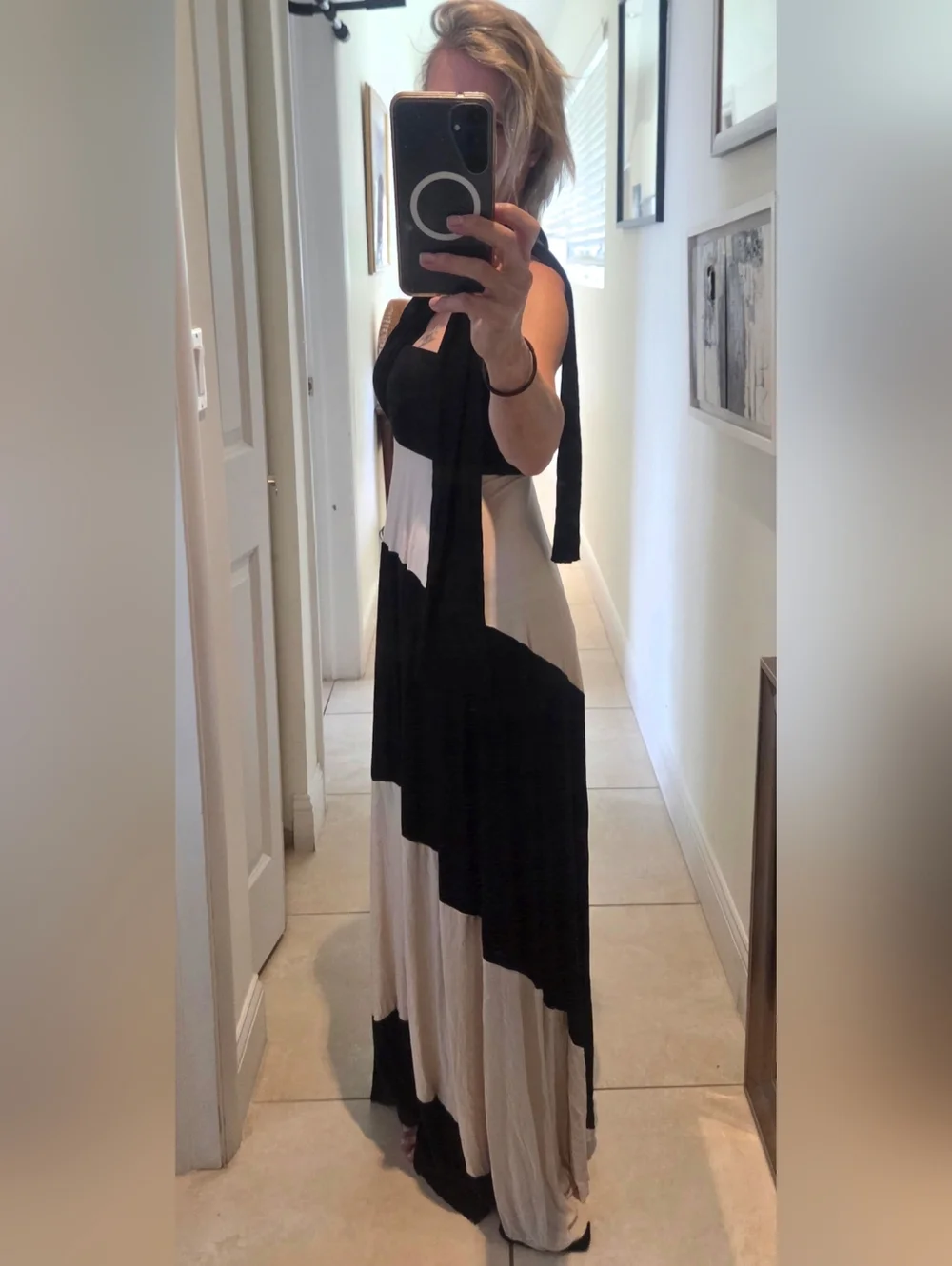 Elan Jersey 2 Color Block Beige Black Convertible Strapless Maxi Dress M (T20) - Picture 2 of 6